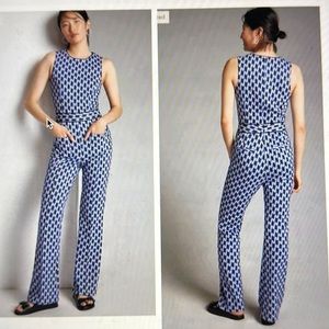 Anthropologie Maeve Ponte Wide Leg Jumpsuit in Blue Motif